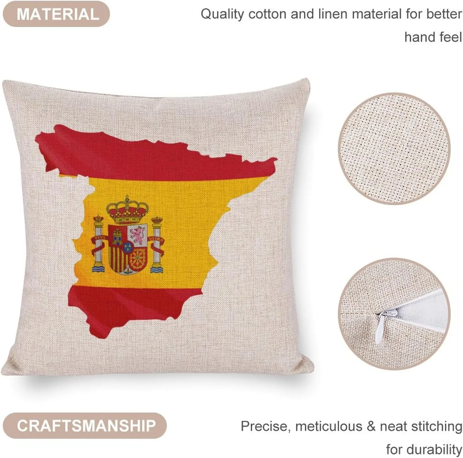 Spain Flag Map Cotton and Linen Pillow Case Pattern Print Pillow Cover Zippered Cushion Covers for Sofa Bed 16"x16"