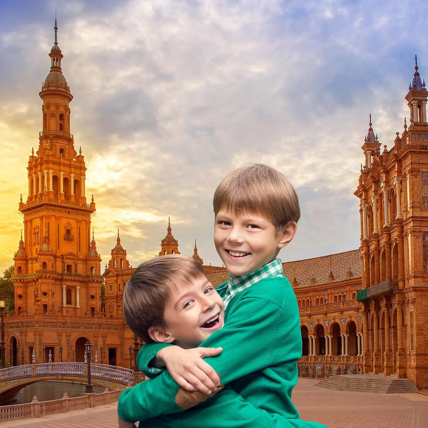 Spain Square Backdrop Seville Sevilla Plaza de Espana at Sunset Sunrise Photography Background Spain Travel Spanish Theme Party Backdrop Decorations Birthday Photo Portrait Photoshoot Props 7x5ft