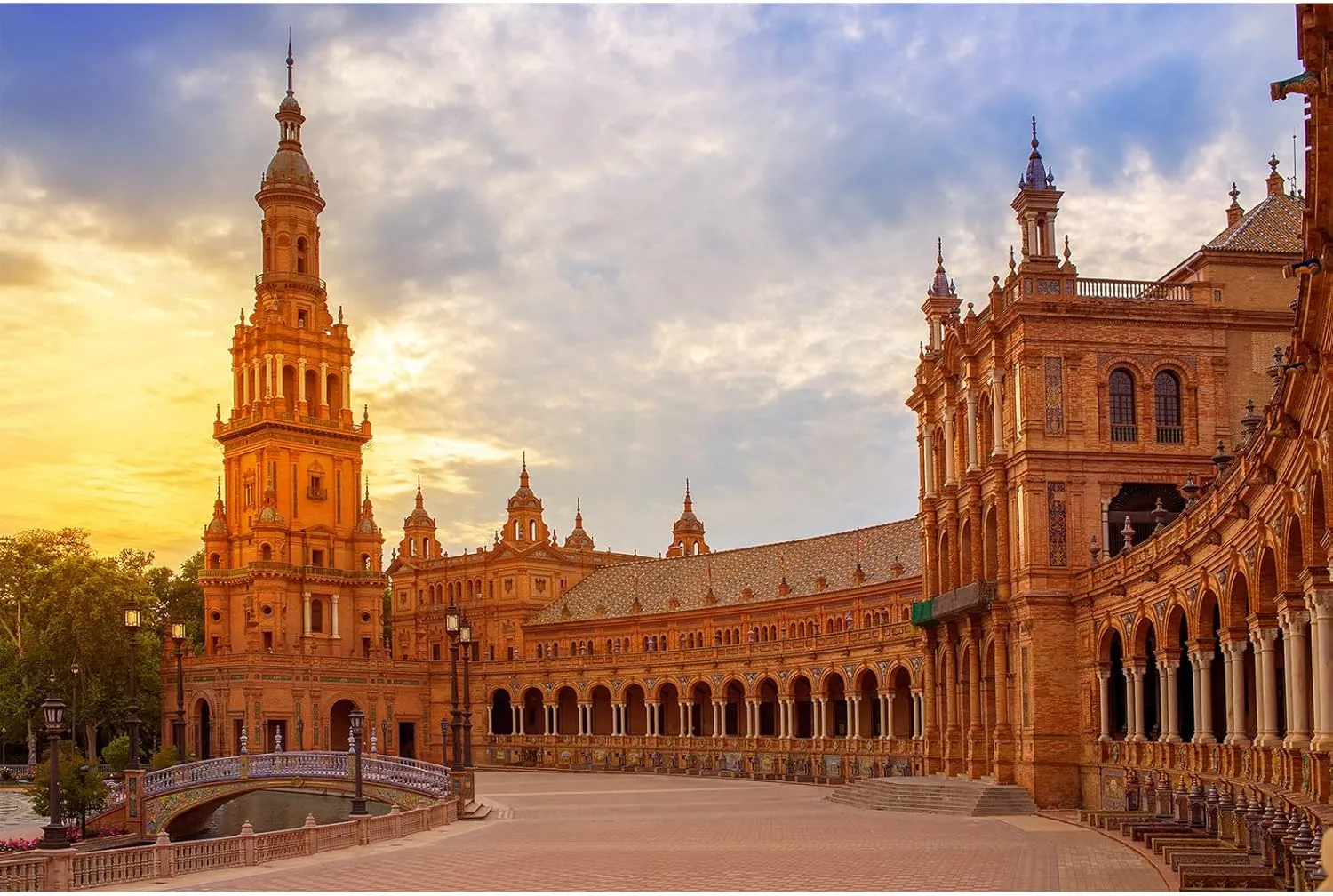 Spain Square Backdrop Seville Sevilla Plaza de Espana at Sunset Sunrise Photography Background Spain Travel Spanish Theme Party Backdrop Decorations Birthday Photo Portrait Photoshoot Props 7x5ft