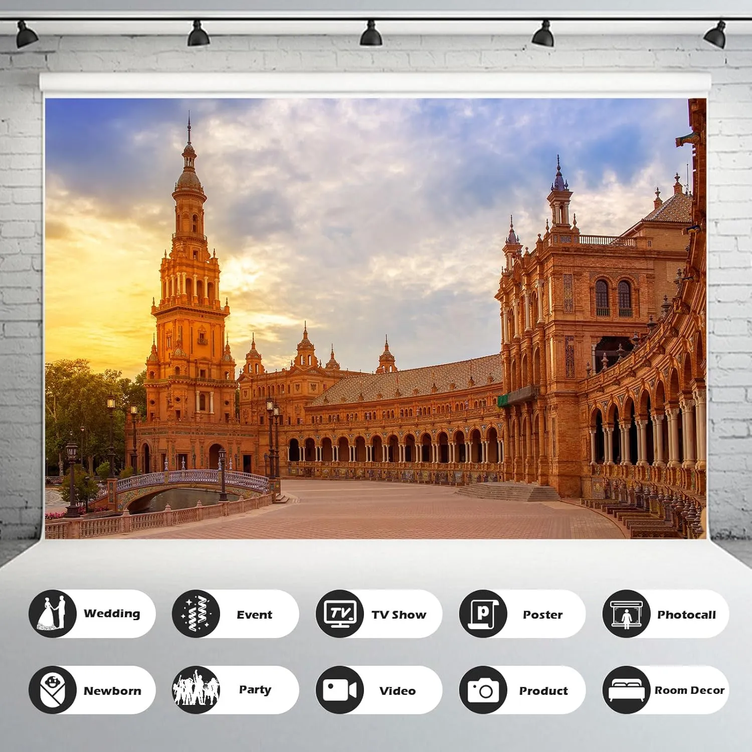 Spain Square Backdrop Seville Sevilla Plaza de Espana at Sunset Sunrise Photography Background Spain Travel Spanish Theme Party Backdrop Decorations Birthday Photo Portrait Photoshoot Props 7x5ft