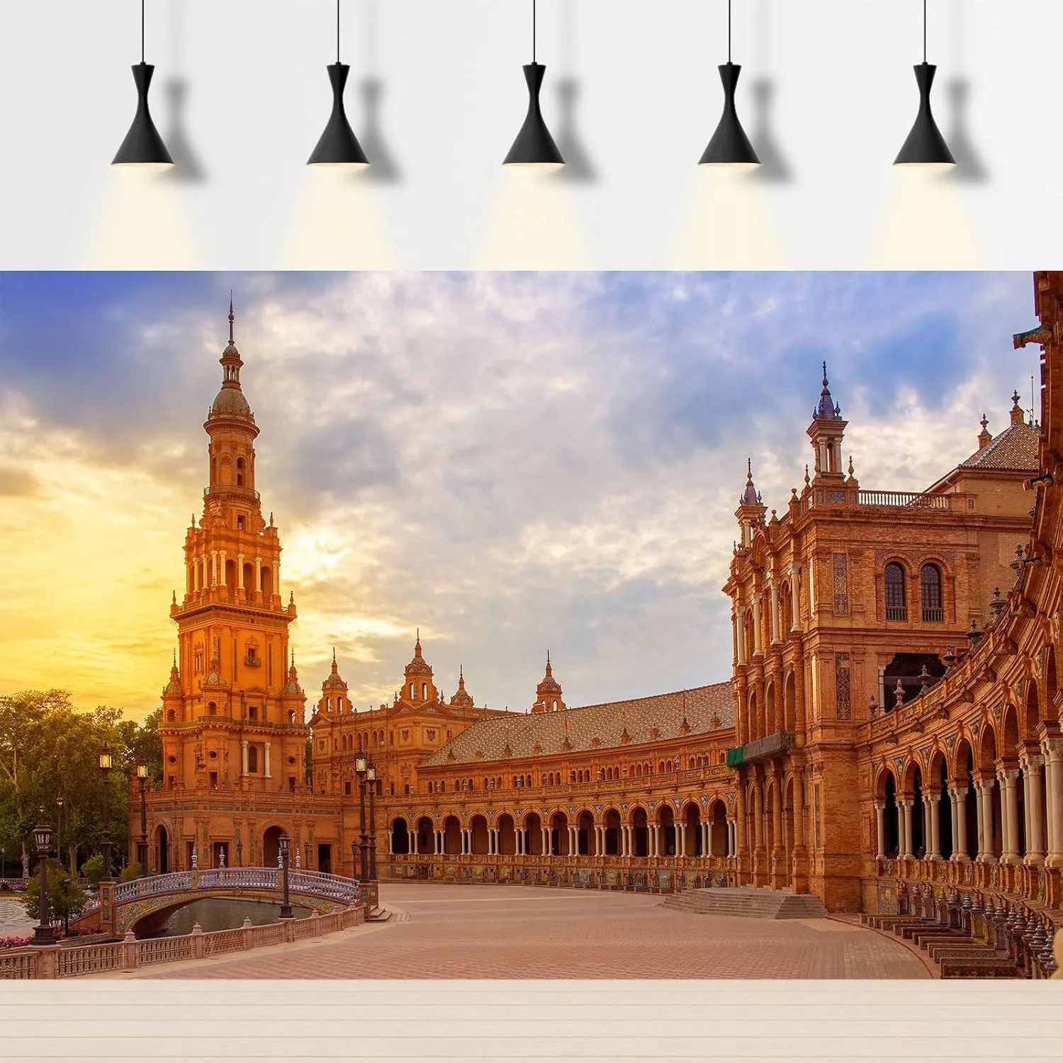 Spain Square Backdrop Seville Sevilla Plaza de Espana at Sunset Sunrise Photography Background Spain Travel Spanish Theme Party Backdrop Decorations Birthday Photo Portrait Photoshoot Props 7x5ft