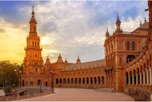 Spain Square Backdrop Seville Sevilla Plaza de Espana at Sunset Sunrise Photography Background Spain Travel Spanish Theme Party Backdrop Decorations Birthday Photo Portrait Photoshoot Props 7x5ft