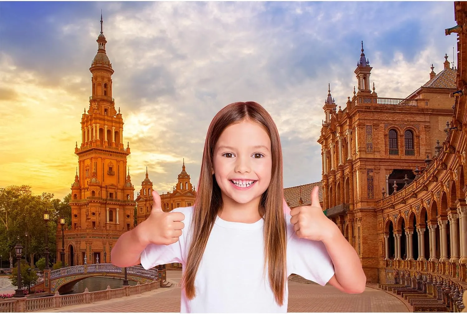 Spain Square Backdrop Seville Sevilla Plaza de Espana at Sunset Sunrise Photography Background Spain Travel Spanish Theme Party Backdrop Decorations Birthday Photo Portrait Photoshoot Props 7x5ft