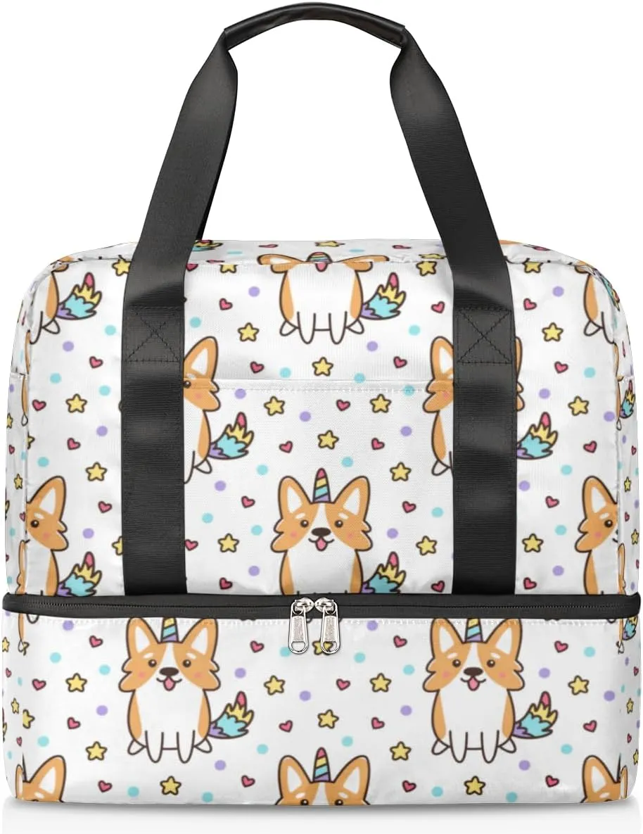 Star Horn Corgi Dog Travel Bag Double Tier Zip Closure Weekender Bag with Leather Handle Waterproof Sports Tote Gym Bag for Swim Beach Gym Yoga