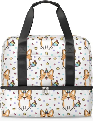 Star Horn Corgi Dog Travel Bag Double Tier Zip Closure Weekender Bag with Leather Handle Waterproof Sports Tote Gym Bag for Swim Beach Gym Yoga