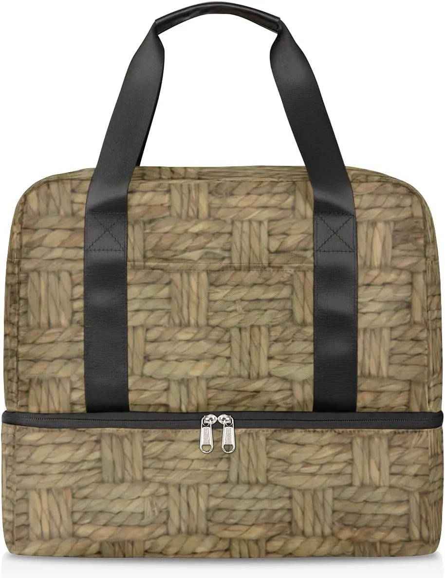 Straw Weaving Travel Bag Double Tier Zip Closure Weekender Bag with Leather Handle Waterproof Sports Tote Gym Bag for Swim Beach Gym Yoga