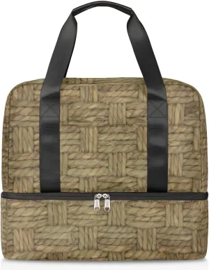 Straw Weaving Travel Bag Double Tier Zip Closure Weekender Bag with Leather Handle Waterproof Sports Tote Gym Bag for Swim Beach Gym Yoga