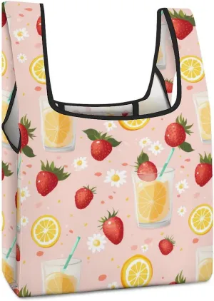 Strawberry Lemon Drink Novelty Reusable Grocery Bag Fold-able Shopping Bags Washable Tote Lightweight Storage Pouch with Handle