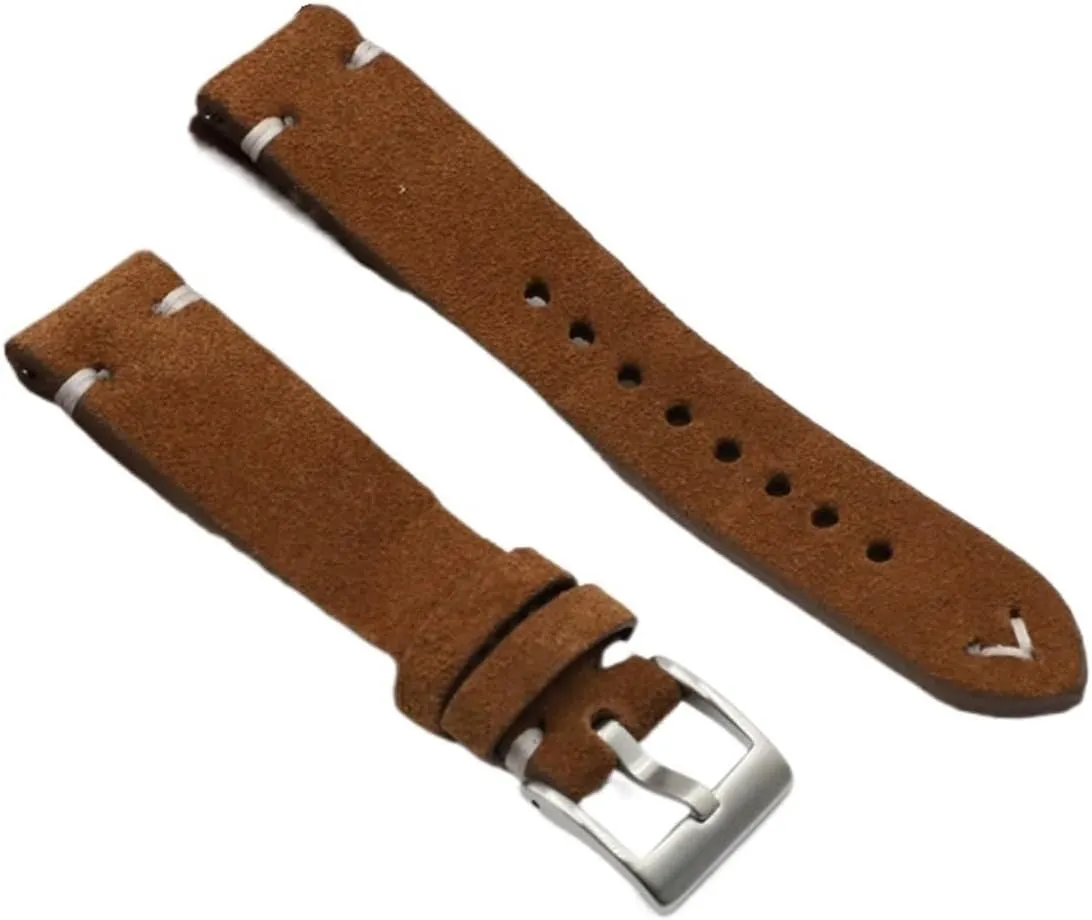 Suede Leather Watch Strap Band Brown Coffee Watchstrap Handmade Stitching Replacement Wristband for Men