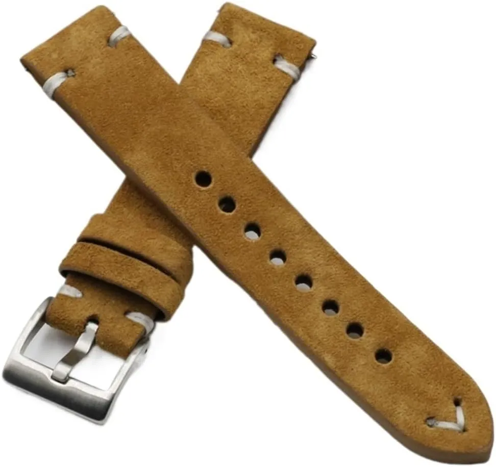 Suede Leather Watch Strap Band Brown Coffee Watchstrap Handmade Stitching Replacement Wristband for Men