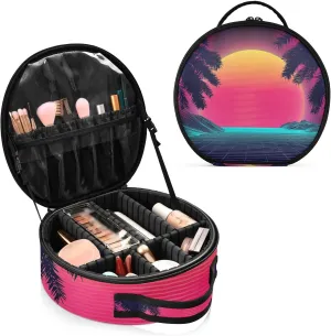 Sunset on the Beach Retro Palm Trees Landscape 80s Purple Pink Women's Portable Round Makeup Bag with Handle, Cosmetic Bag, Adjustable Dividers, Travel Cosmetic Storage 11 x 3.5 x 10 inch