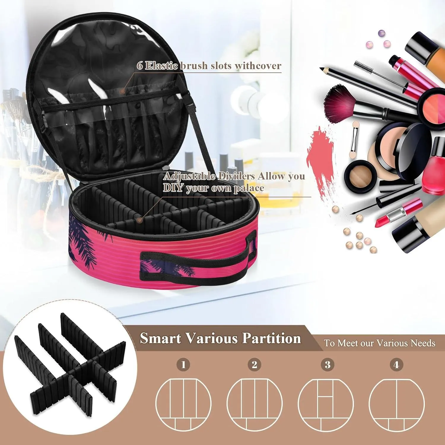 Sunset on the Beach Retro Palm Trees Landscape 80s Purple Pink Women's Portable Round Makeup Bag with Handle, Cosmetic Bag, Adjustable Dividers, Travel Cosmetic Storage 11 x 3.5 x 10 inch
