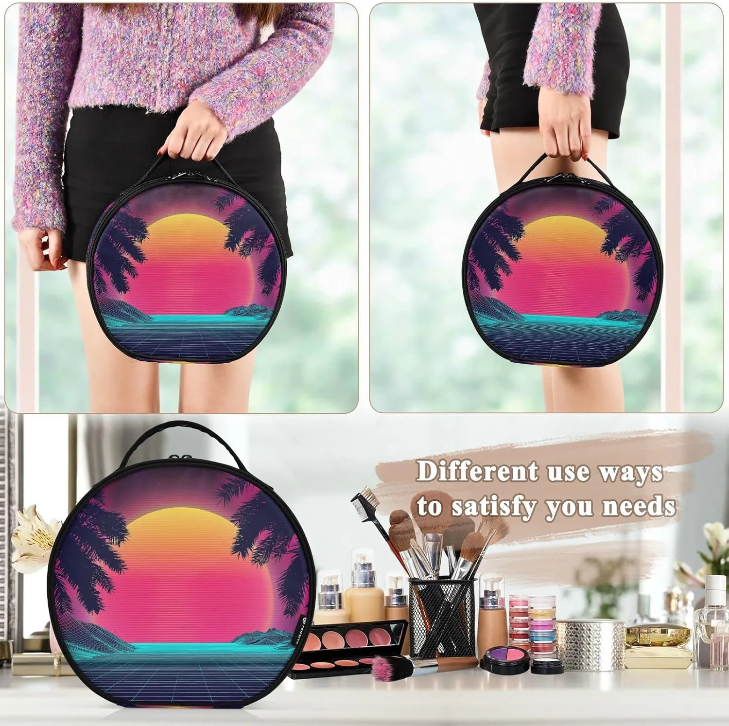 Sunset on the Beach Retro Palm Trees Landscape 80s Purple Pink Women's Portable Round Makeup Bag with Handle, Cosmetic Bag, Adjustable Dividers, Travel Cosmetic Storage 11 x 3.5 x 10 inch