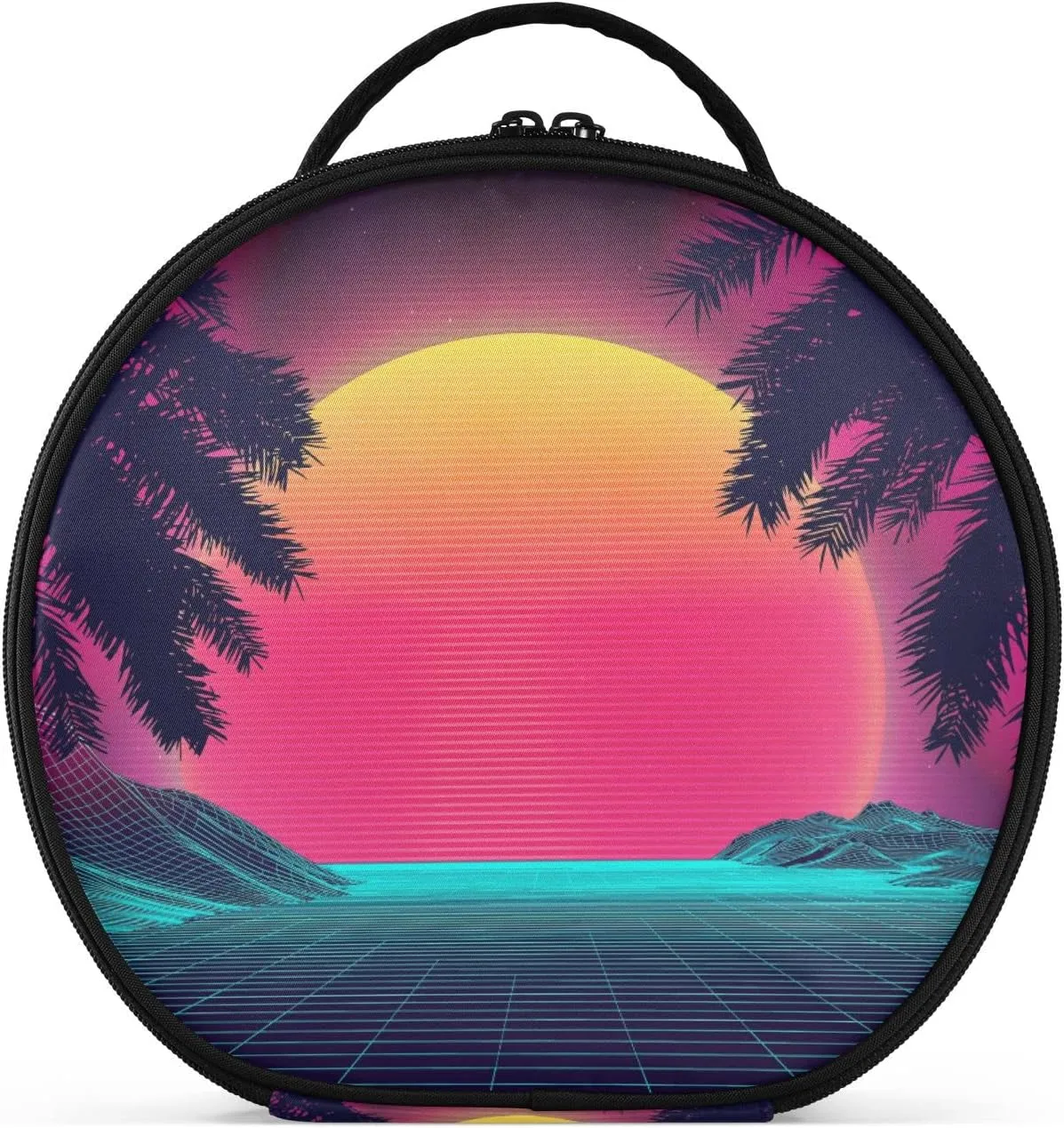 Sunset on the Beach Retro Palm Trees Landscape 80s Purple Pink Women's Portable Round Makeup Bag with Handle, Cosmetic Bag, Adjustable Dividers, Travel Cosmetic Storage 11 x 3.5 x 10 inch