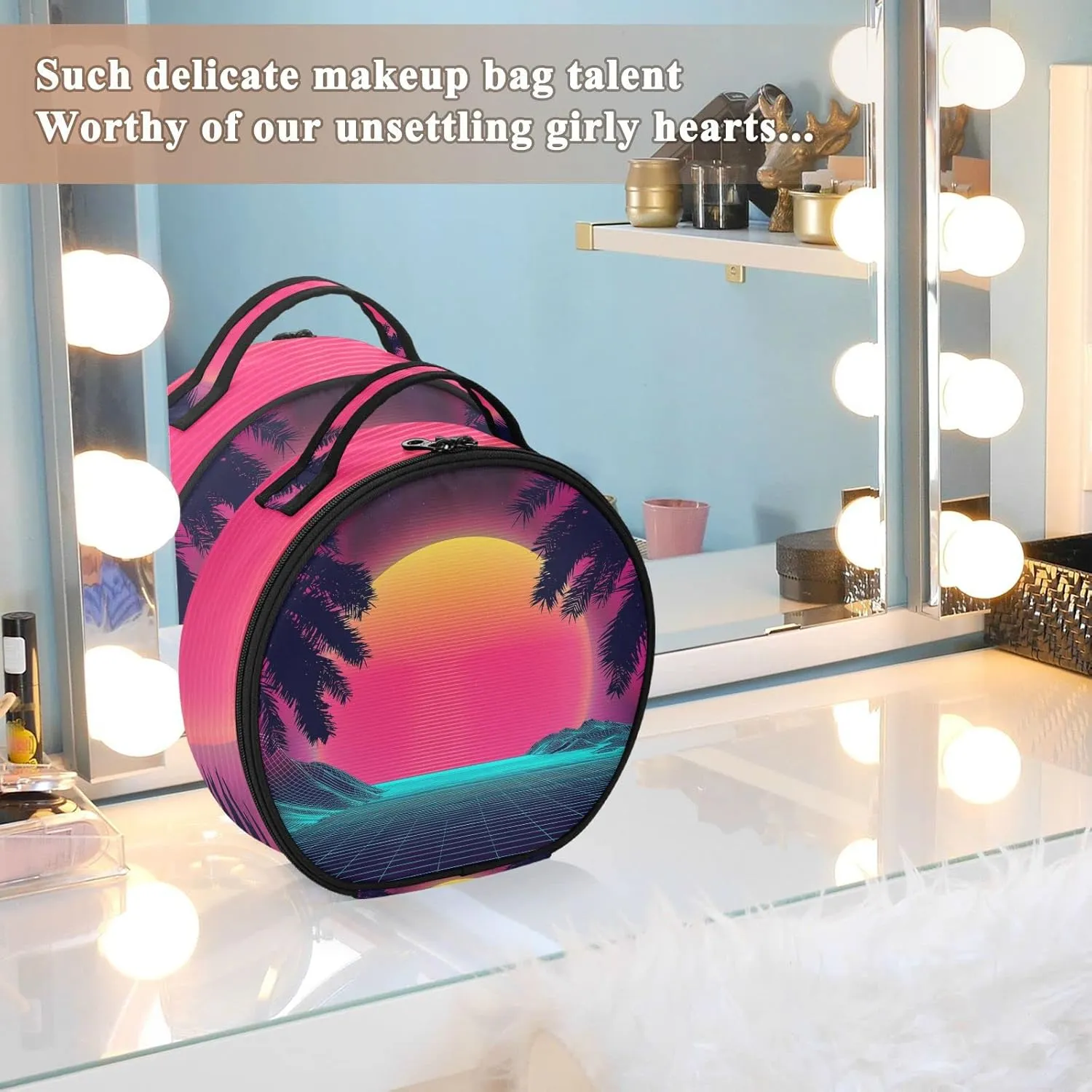 Sunset on the Beach Retro Palm Trees Landscape 80s Purple Pink Women's Portable Round Makeup Bag with Handle, Cosmetic Bag, Adjustable Dividers, Travel Cosmetic Storage 11 x 3.5 x 10 inch
