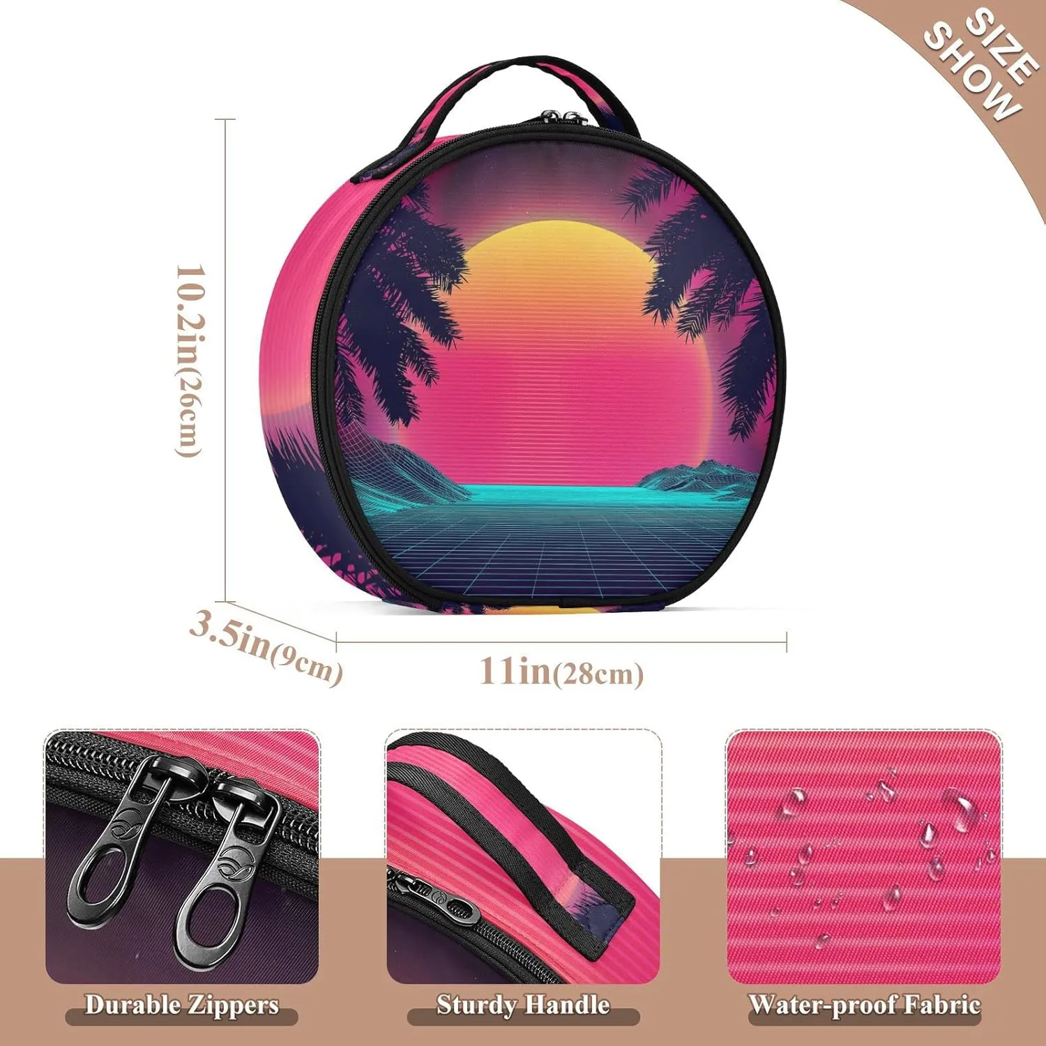 Sunset on the Beach Retro Palm Trees Landscape 80s Purple Pink Women's Portable Round Makeup Bag with Handle, Cosmetic Bag, Adjustable Dividers, Travel Cosmetic Storage 11 x 3.5 x 10 inch