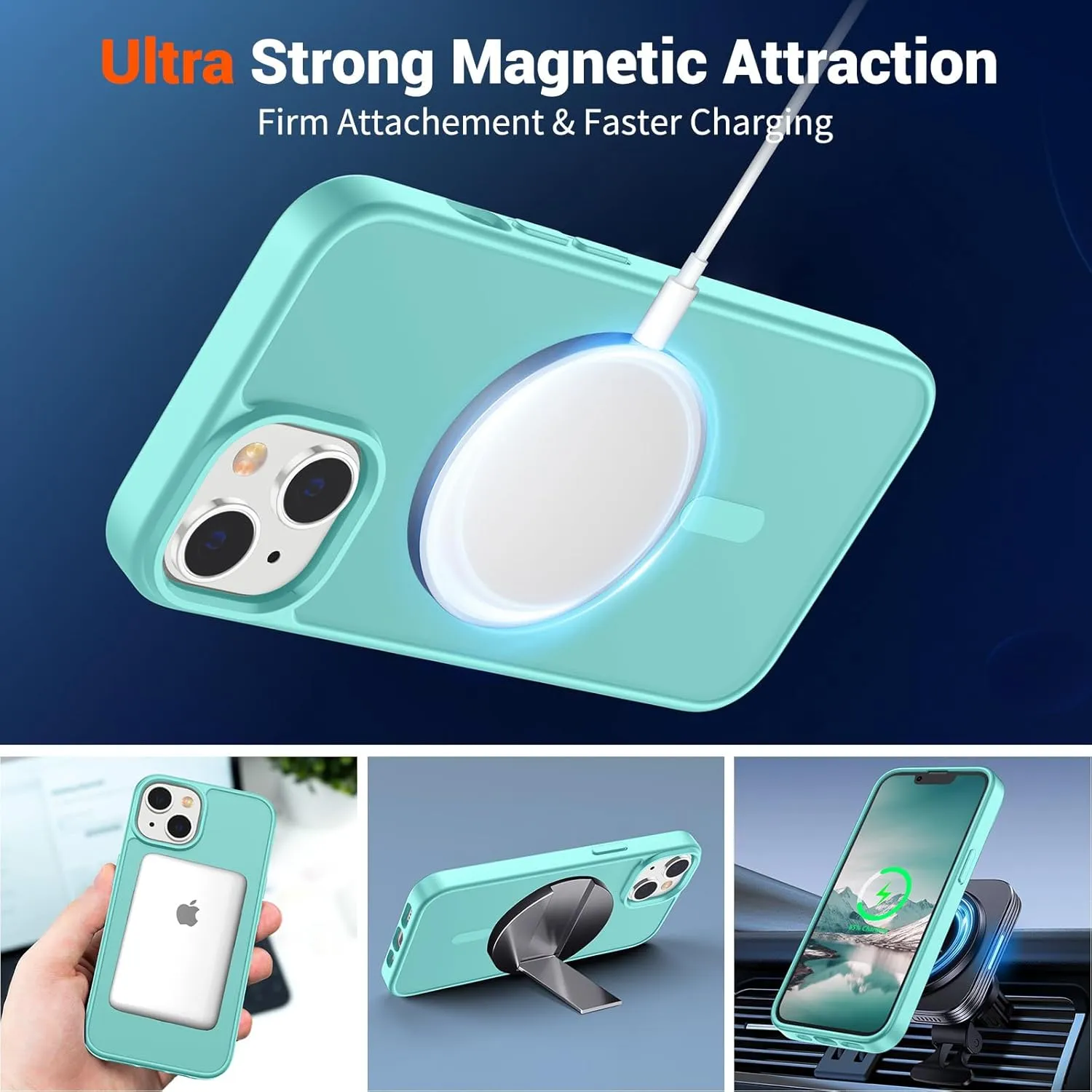 SUPFINE Magnetic for iPhone 14 Case & iPhone 13 Case (Compatible with MagSafe)(Military Grade Drop Protection) Slim Translucent Matte Shockproof Phone Cover,Blue Green