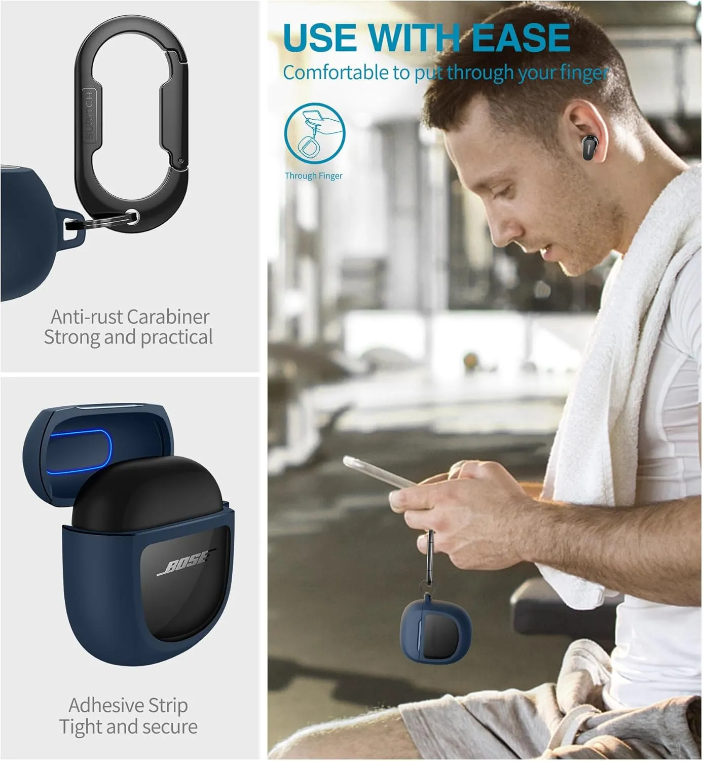 SURITCH Protective Cases for Bose QuietComfort Earbuds II 2022 / QuietComfort Ultra 2023, Shockproof Case Cover for Bose QC ii 2 Charging Case Accessories with Carabiner, Navy