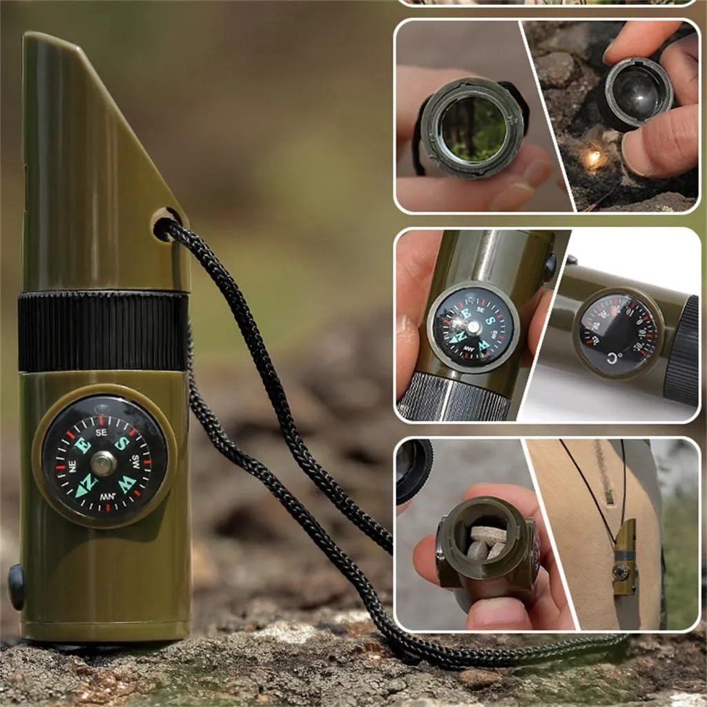 Survival Kit Whistle Multi-Functional Portable Emerncy Compass Magnifying Glass Flashlight Thermometer