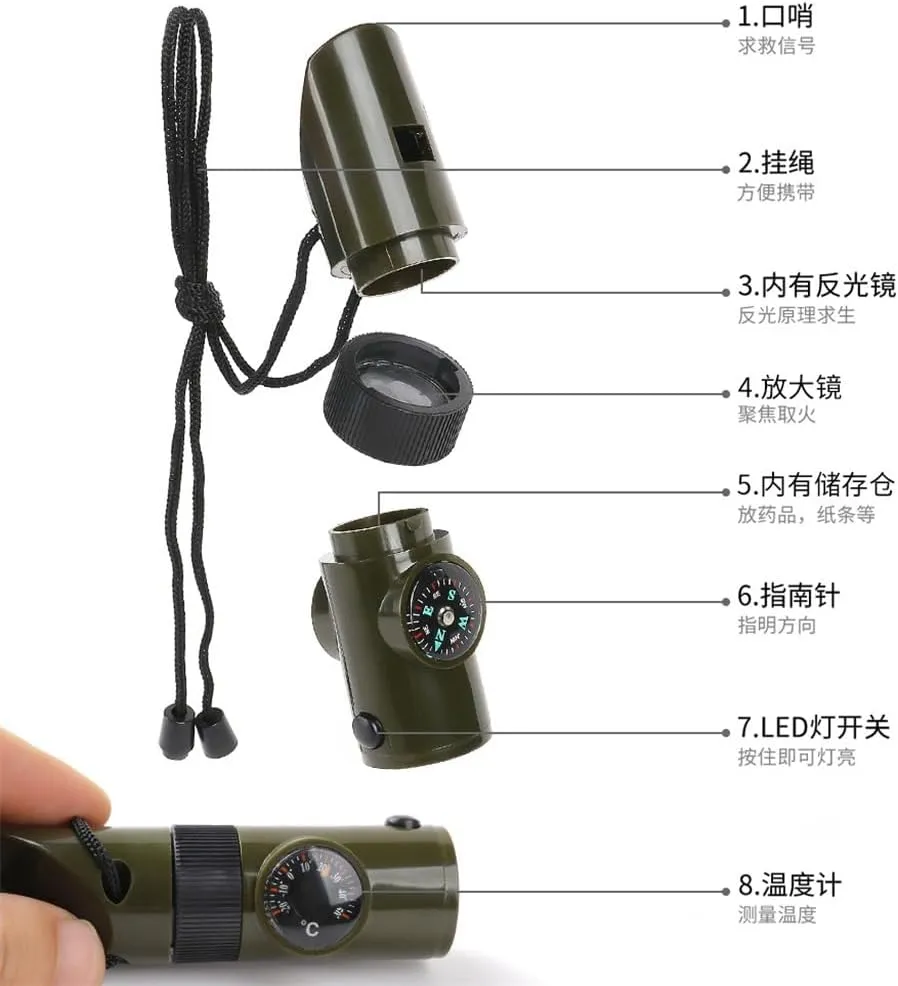 Survival Kit Whistle Multi-Functional Portable Emerncy Compass Magnifying Glass Flashlight Thermometer