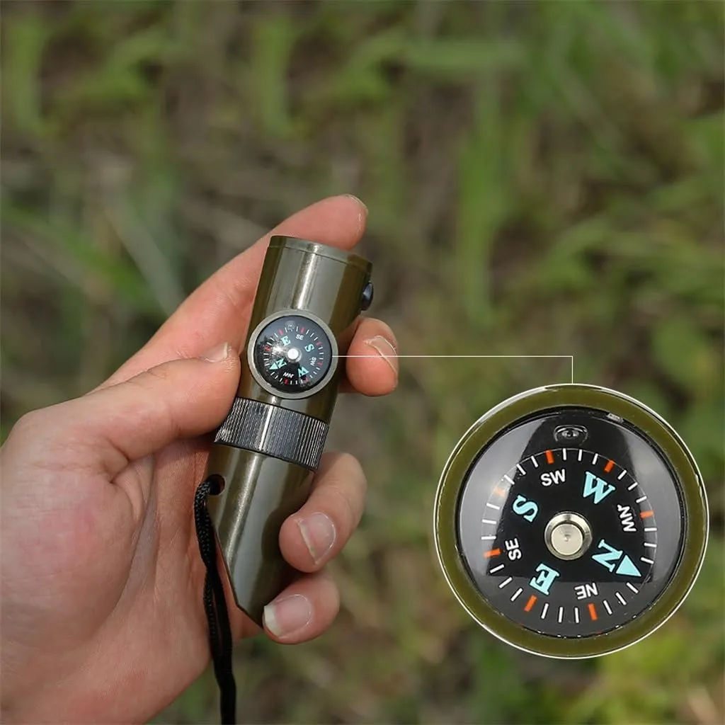Survival Kit Whistle Multi-Functional Portable Emerncy Compass Magnifying Glass Flashlight Thermometer