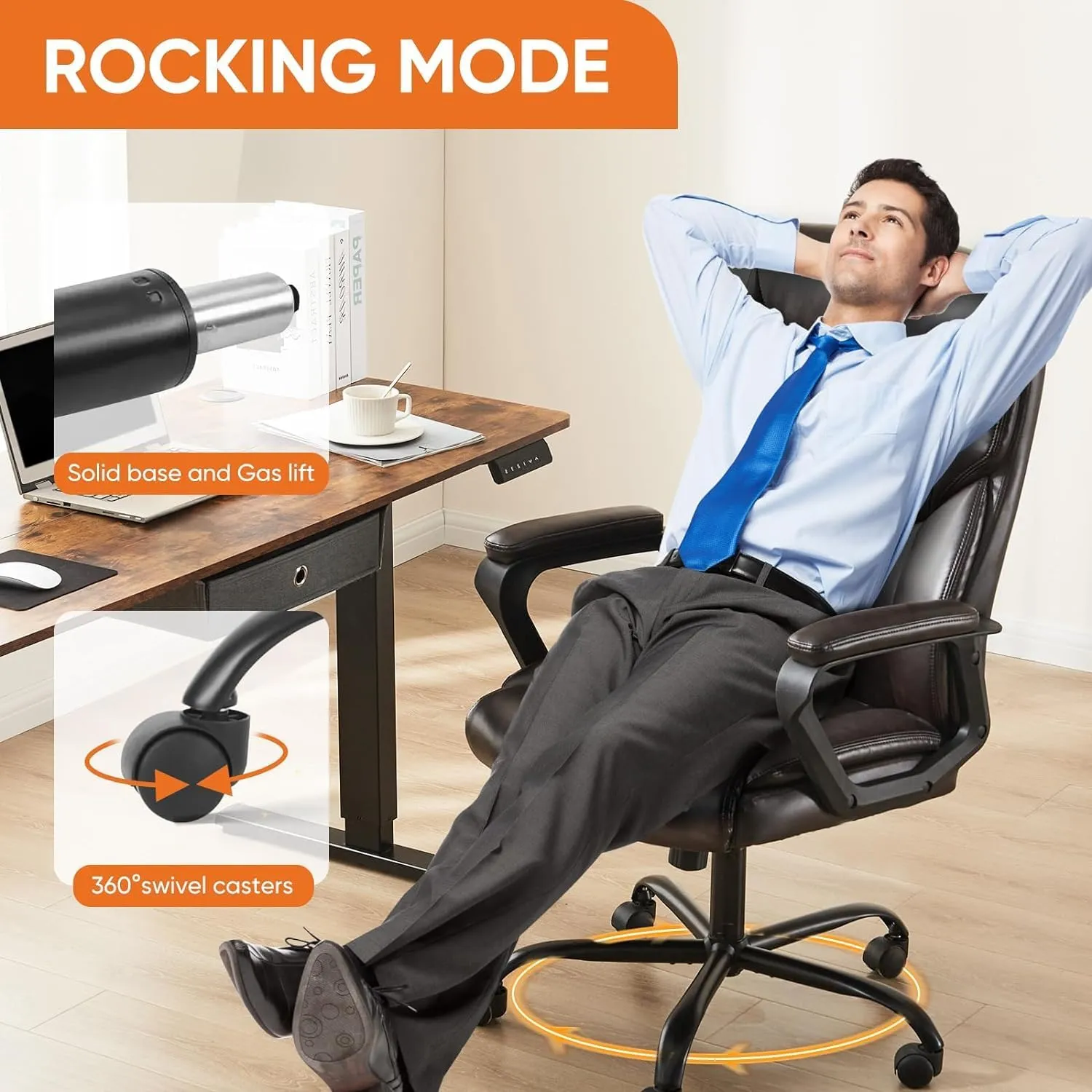 Sweetcrispy Executive Office Desk Chair High Back Adjustable Ergonomic Managerial Rolling Swivel Task Computer Chairs with Lumbar Support,PU Leather, Brown
