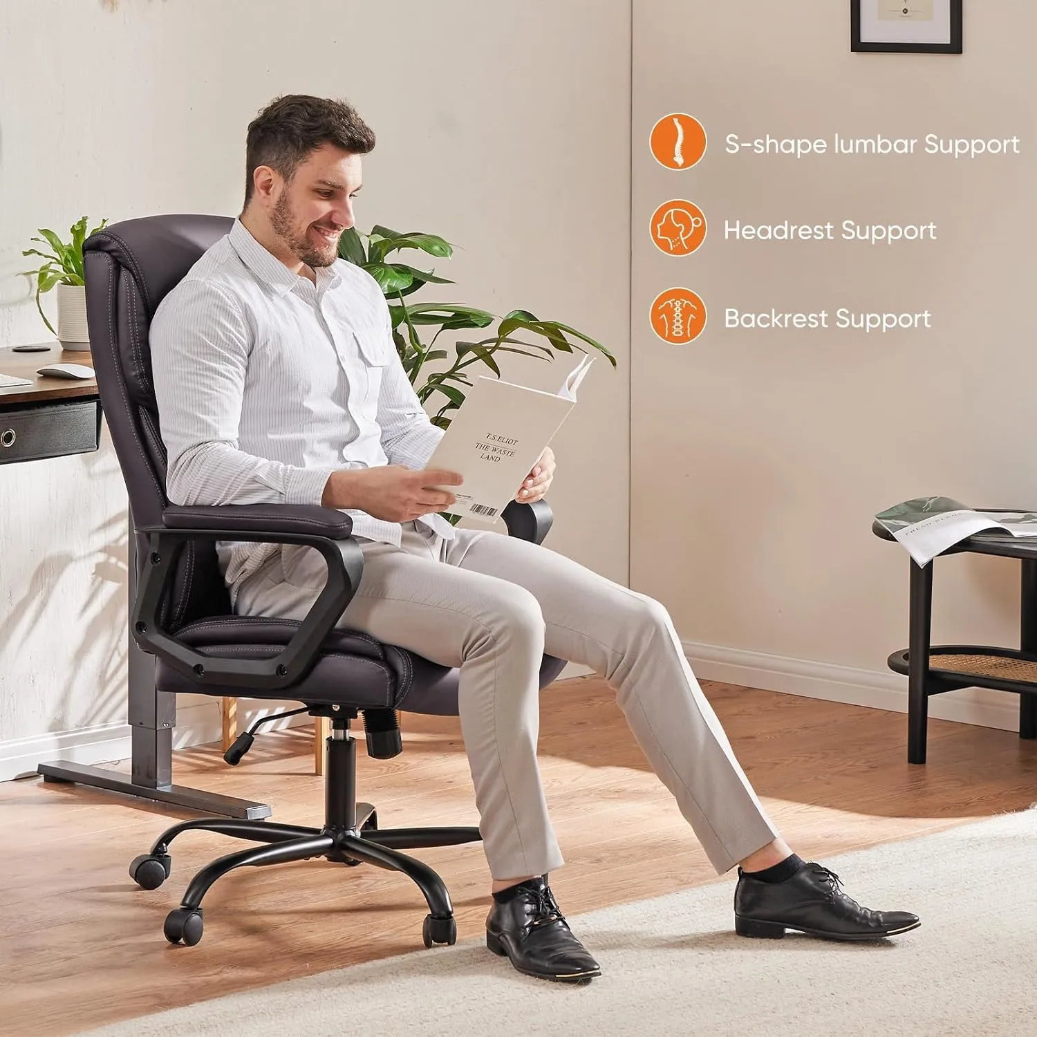 Sweetcrispy Executive Office Desk Chair High Back Adjustable Ergonomic Managerial Rolling Swivel Task Computer Chairs with Lumbar Support,PU Leather, Brown