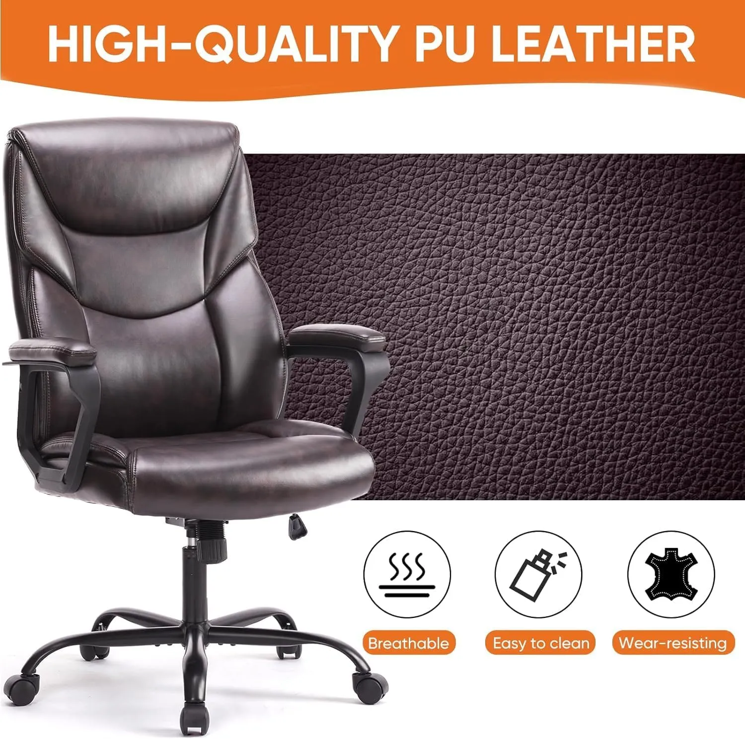 Sweetcrispy Executive Office Desk Chair High Back Adjustable Ergonomic Managerial Rolling Swivel Task Computer Chairs with Lumbar Support,PU Leather, Brown