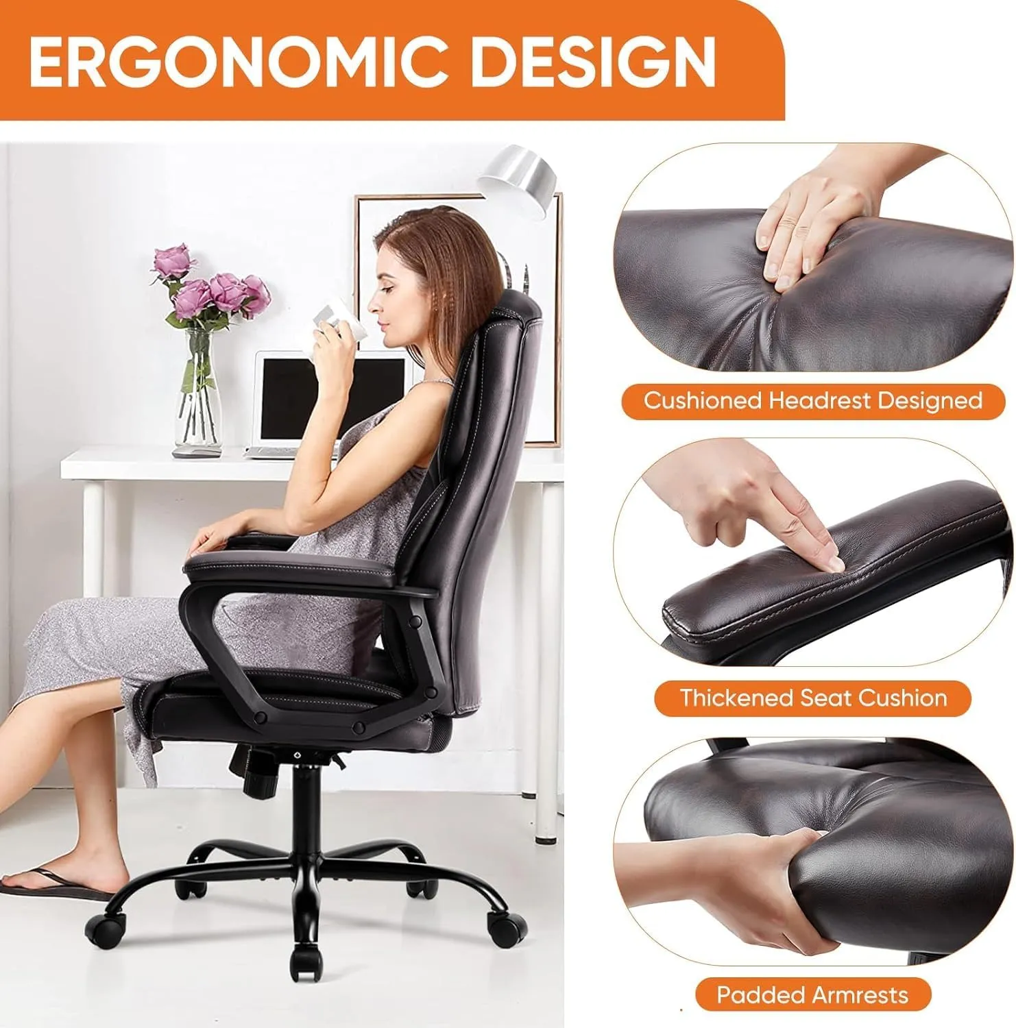 Sweetcrispy Executive Office Desk Chair High Back Adjustable Ergonomic Managerial Rolling Swivel Task Computer Chairs with Lumbar Support,PU Leather, Brown