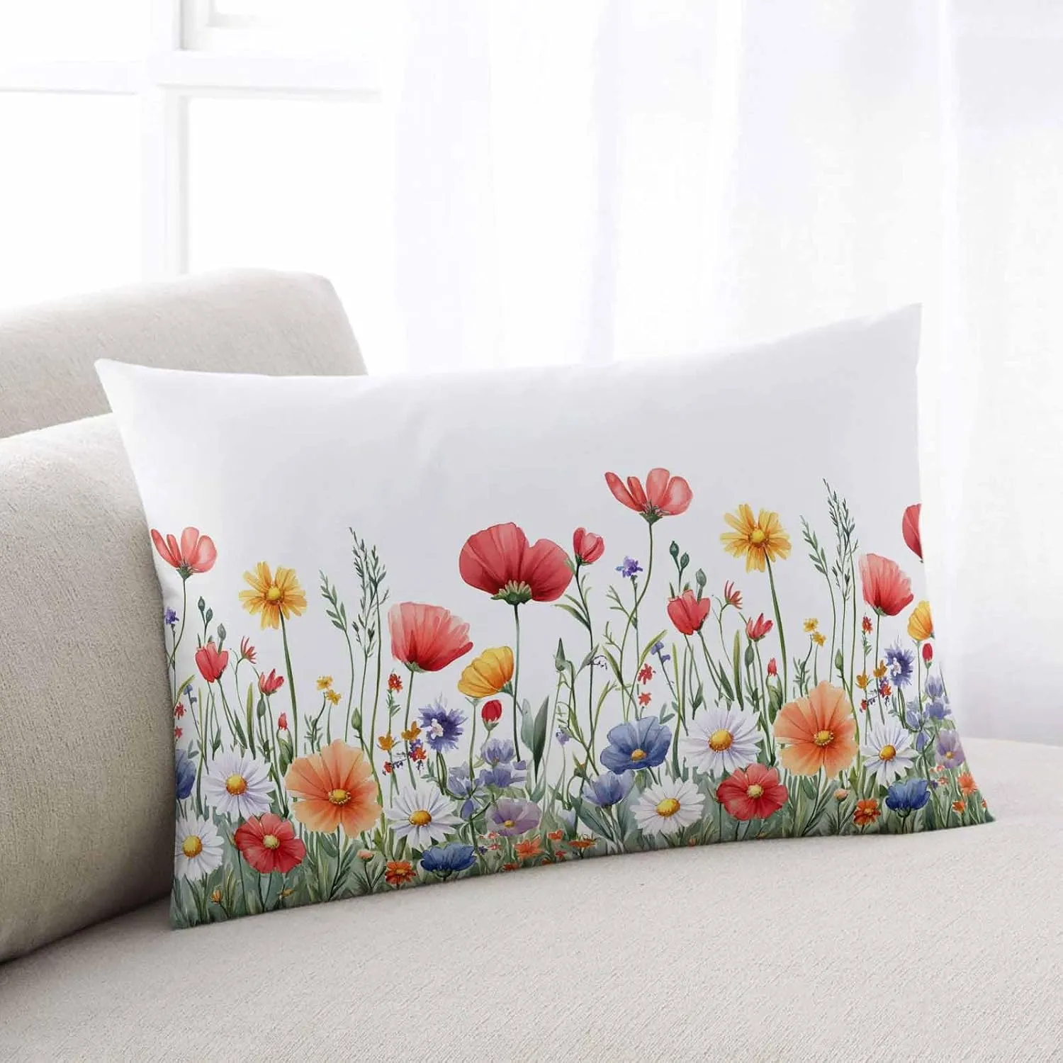 T&H XHome Popy Daisy Flower Pillowcase 16x24 Inch Wildflower Spring Summer Plant Soft Brushed Microfiber Pillow Covers with Hidden Zipper Closure Bed Pillow Shams for Bedroom Sofa Car, 1pcs