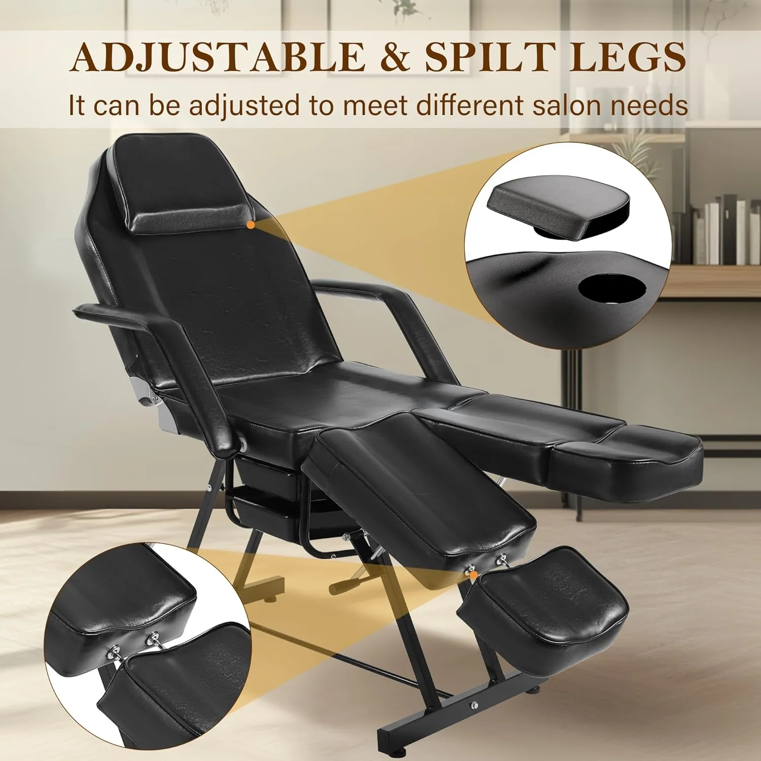 Tattoo Chair for Client, Facial Bed Esthetician Massage Headrest Table with Rolling Stool, Split Legs Design, Professional Beauty Lash Bed for Salon Spa Barber Massage Equipment, Black