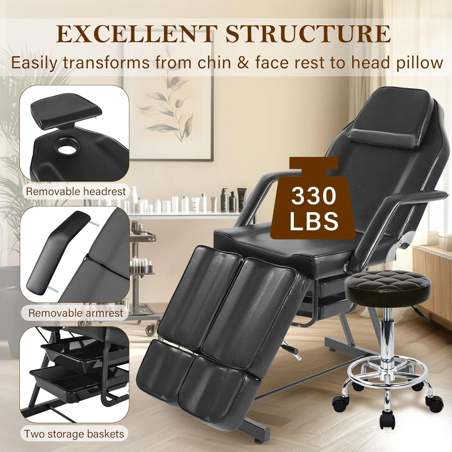 Tattoo Chair for Client, Facial Bed Esthetician Massage Headrest Table with Rolling Stool, Split Legs Design, Professional Beauty Lash Bed for Salon Spa Barber Massage Equipment, Black