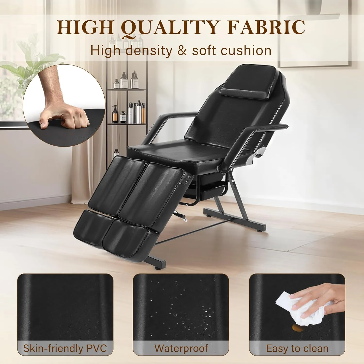 Tattoo Chair for Client, Facial Bed Esthetician Massage Headrest Table with Rolling Stool, Split Legs Design, Professional Beauty Lash Bed for Salon Spa Barber Massage Equipment, Black