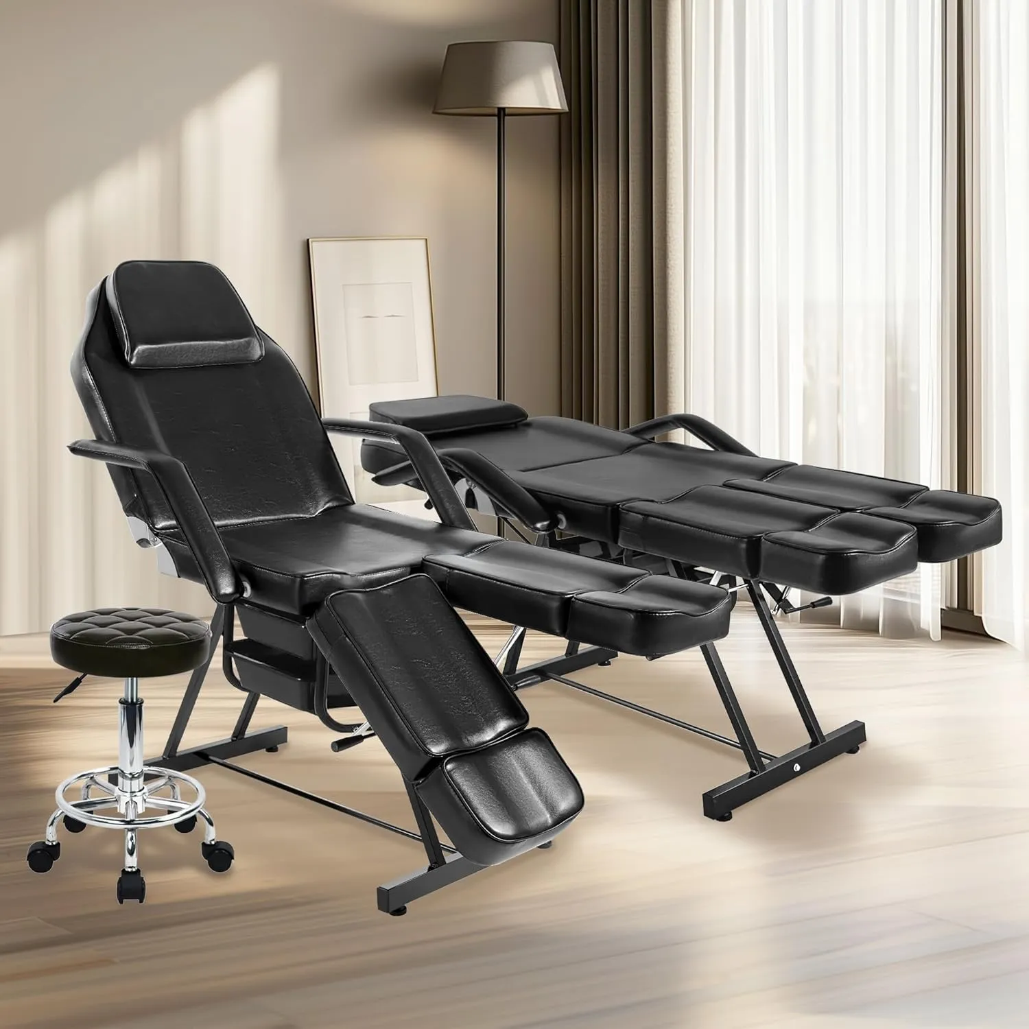 Tattoo Chair for Client, Facial Bed Esthetician Massage Headrest Table with Rolling Stool, Split Legs Design, Professional Beauty Lash Bed for Salon Spa Barber Massage Equipment, Black