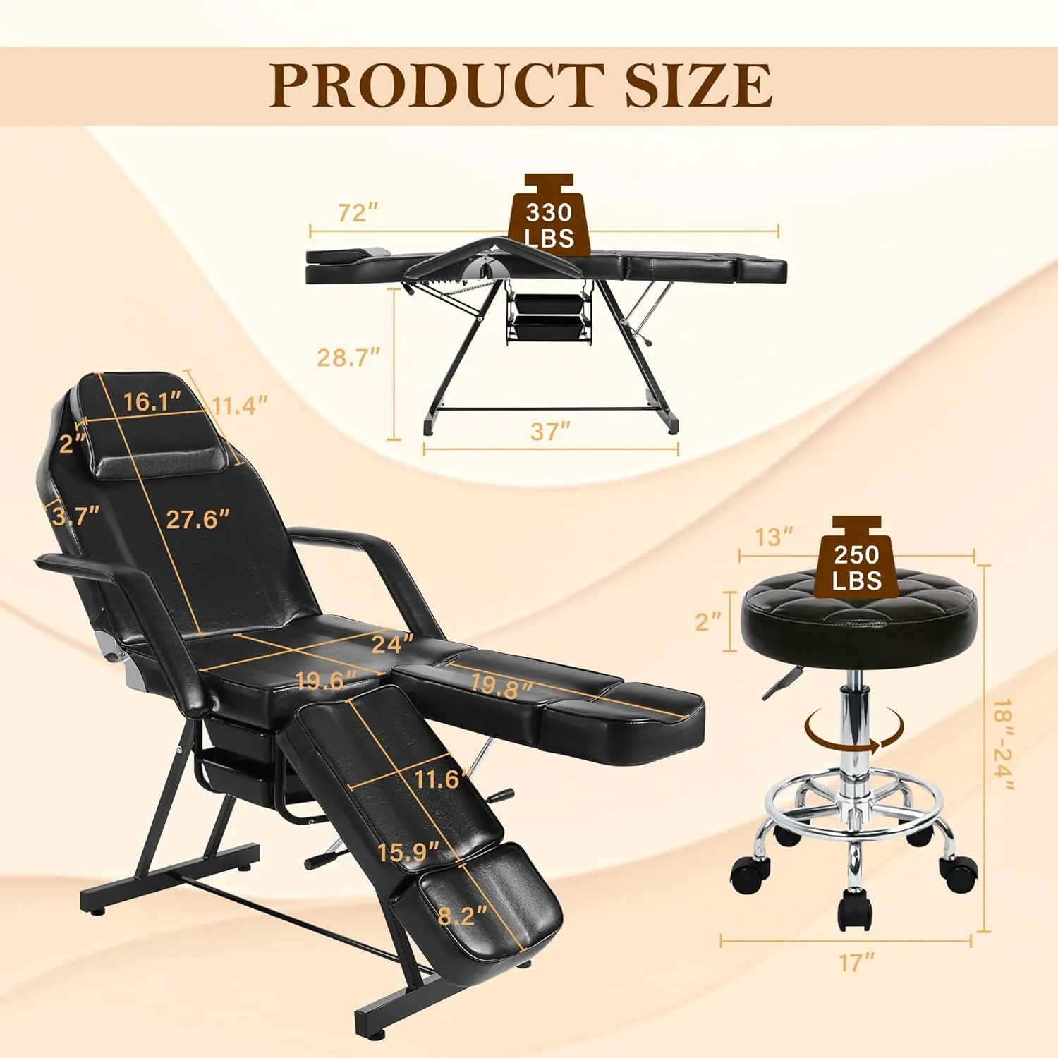 Tattoo Chair for Client, Facial Bed Esthetician Massage Headrest Table with Rolling Stool, Split Legs Design, Professional Beauty Lash Bed for Salon Spa Barber Massage Equipment, Black