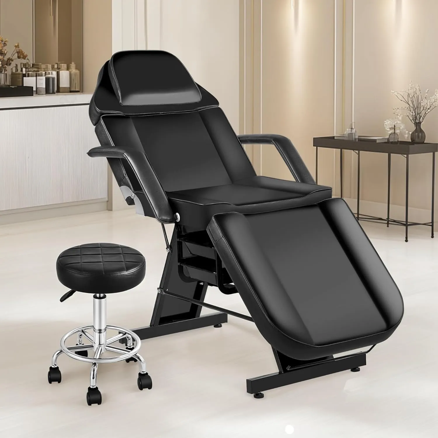 Tattoo Facial Esthetician Chair, Lash Bed Tattoo Chair for Client with Extended Head Design, Massage Table for Spa Salon Microblading Waxing & Physical Therapy with Rolling Stool, Black