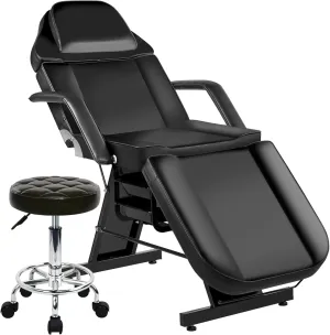 Tattoo Facial Esthetician Chair, Lash Bed Tattoo Chair for Client with Extended Head Design, Massage Table for Spa Salon Microblading Waxing & Physical Therapy with Rolling Stool, Black