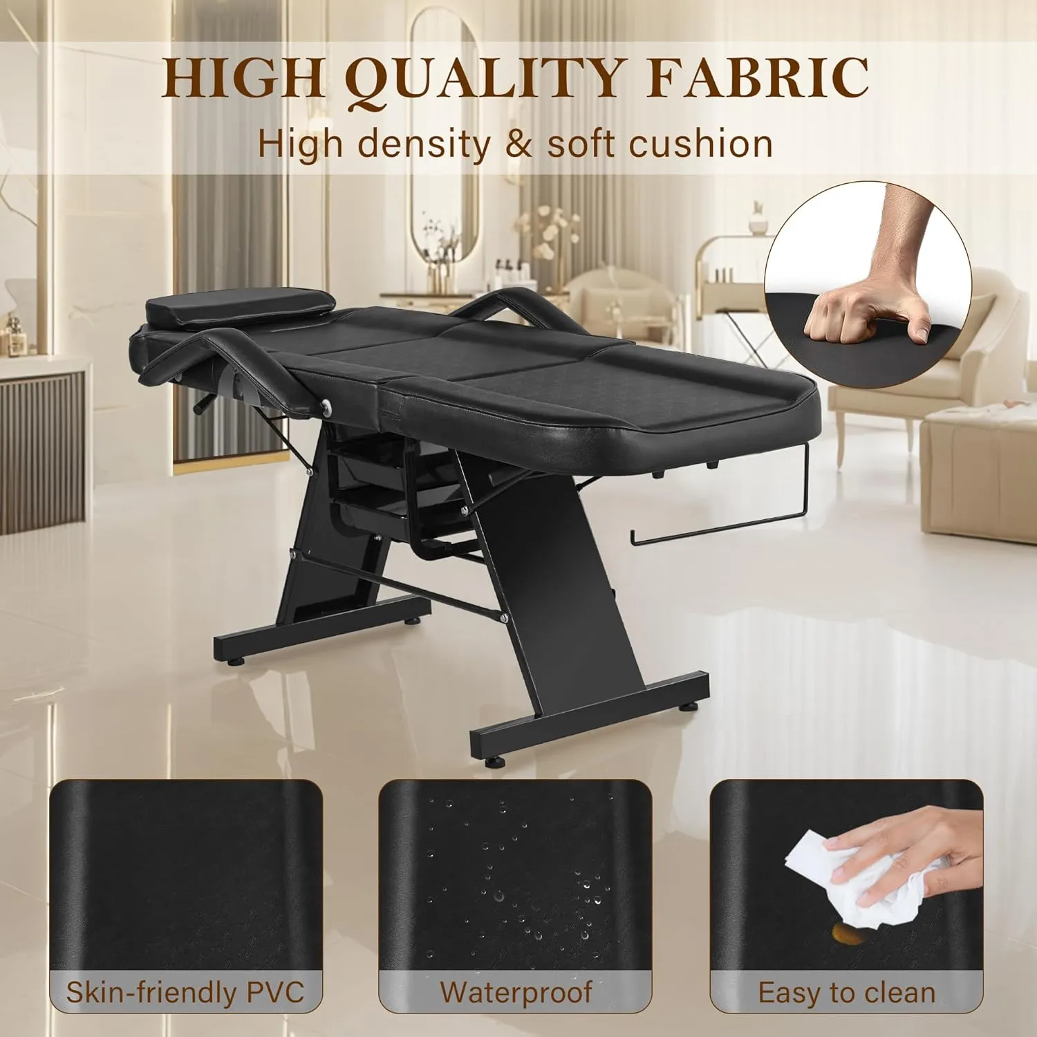 Tattoo Facial Esthetician Chair, Lash Bed Tattoo Chair for Client with Extended Head Design, Massage Table for Spa Salon Microblading Waxing & Physical Therapy with Rolling Stool, Black