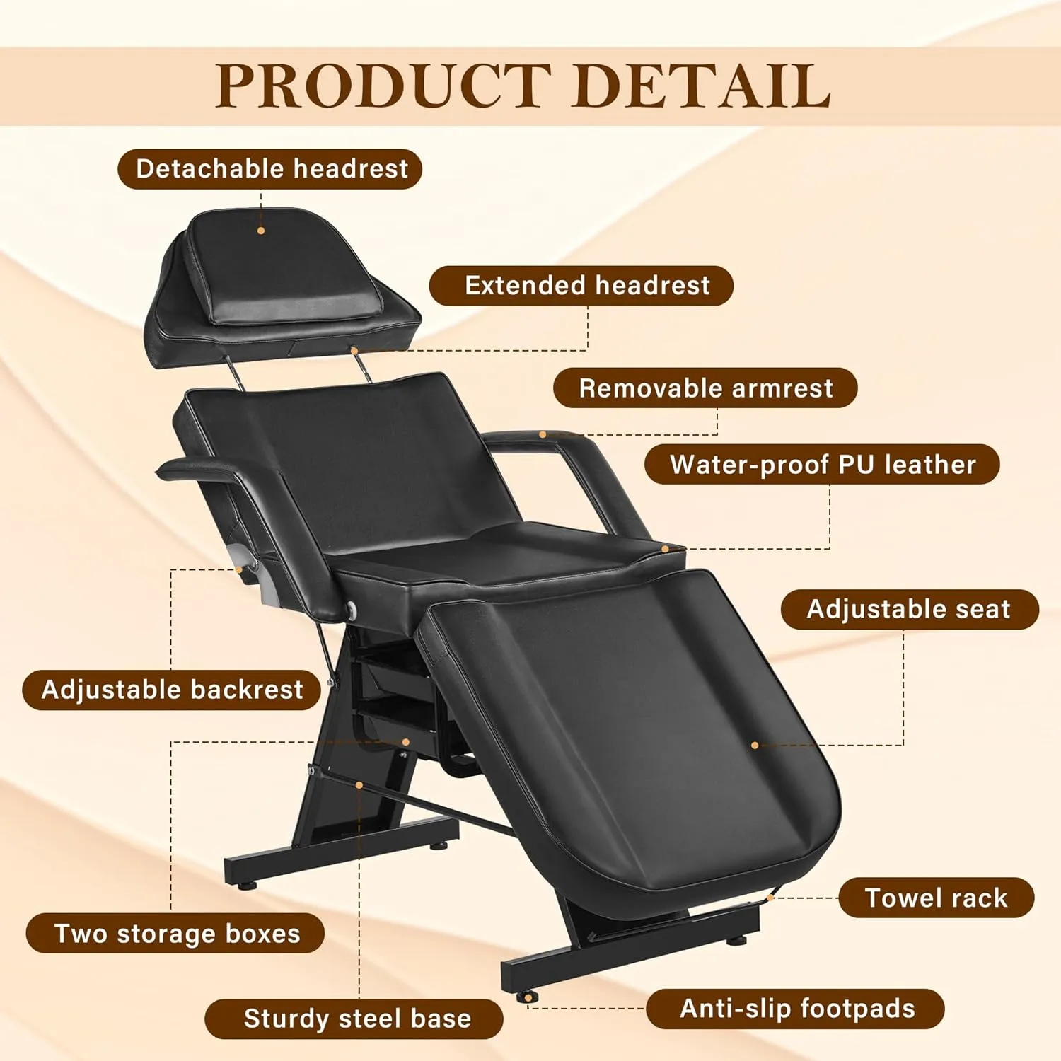 Tattoo Facial Esthetician Chair, Lash Bed Tattoo Chair for Client with Extended Head Design, Massage Table for Spa Salon Microblading Waxing & Physical Therapy with Rolling Stool, Black