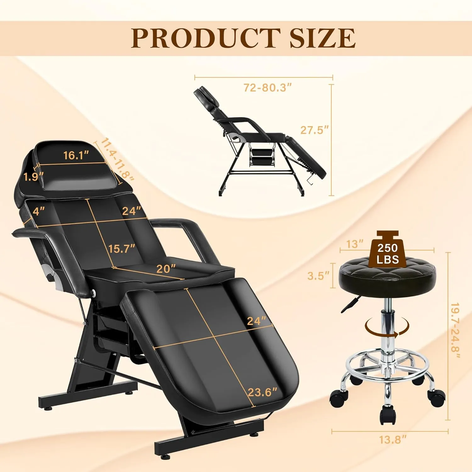 Tattoo Facial Esthetician Chair, Lash Bed Tattoo Chair for Client with Extended Head Design, Massage Table for Spa Salon Microblading Waxing & Physical Therapy with Rolling Stool, Black