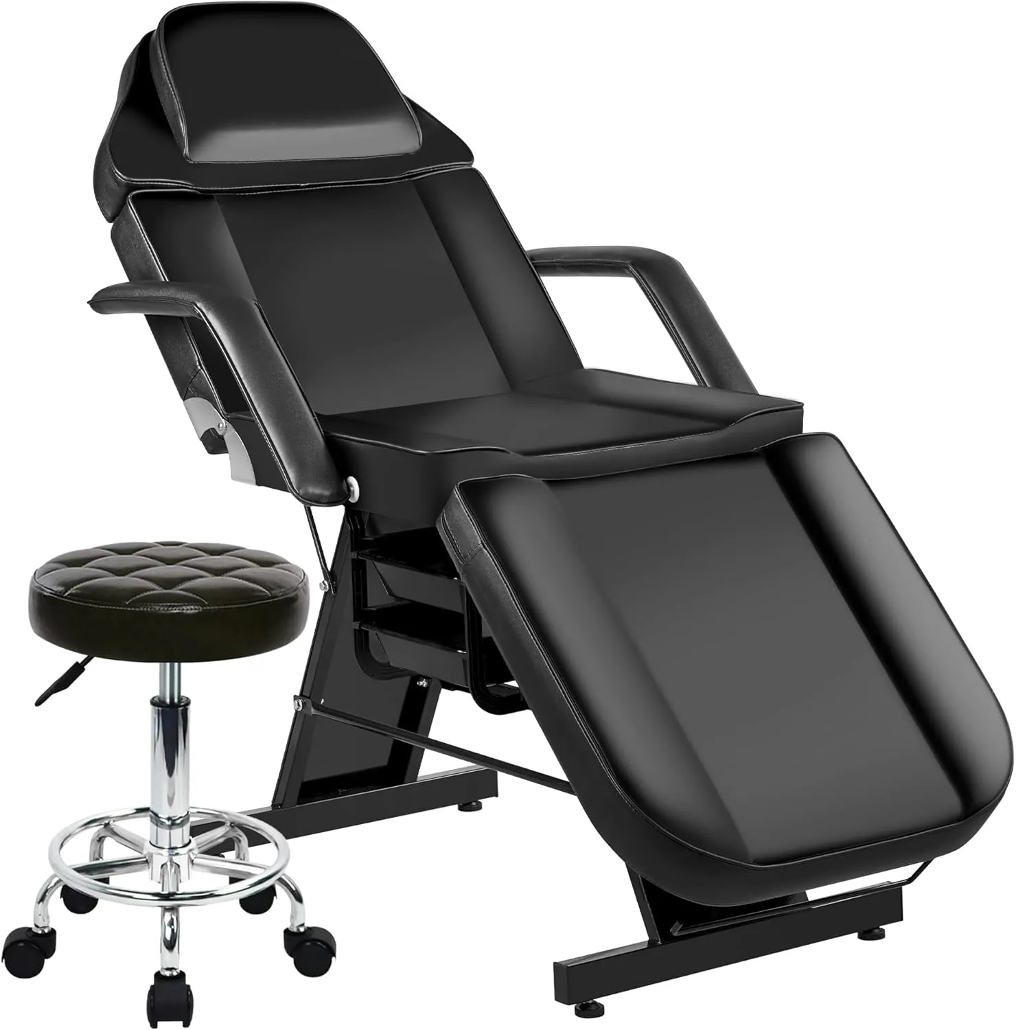 Tattoo Facial Esthetician Chair, Lash Bed Tattoo Chair for Client with Extended Head Design, Massage Table for Spa Salon Microblading Waxing & Physical Therapy with Rolling Stool, Black