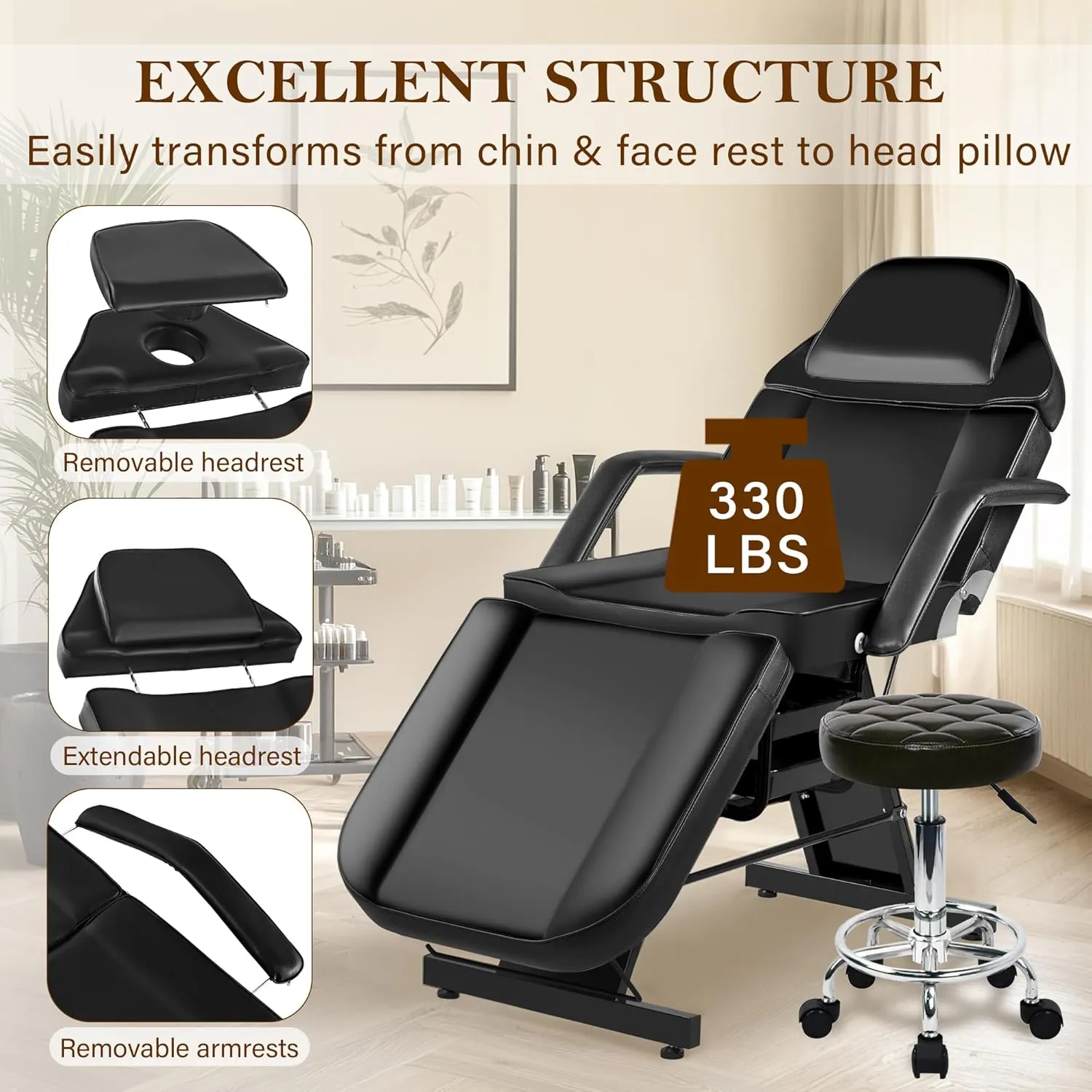 Tattoo Facial Esthetician Chair, Lash Bed Tattoo Chair for Client with Extended Head Design, Massage Table for Spa Salon Microblading Waxing & Physical Therapy with Rolling Stool, Black