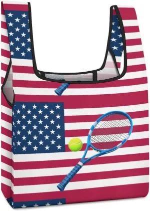 Tennis Ball U.S. Flag Novelty Reusable Grocery Bag Fold-able Shopping Bags Washable Tote Lightweight Storage Pouch with Handle