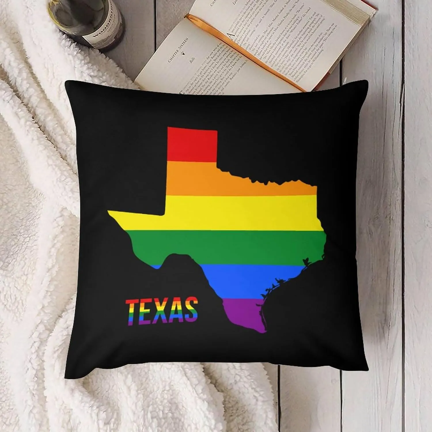 Texas State Map in LGBT Rainbow Flag Plush Pillow Cases Soft Pillow Covers Smooth Cushion Covers for Sofa Bed Set of 4 12 "x12