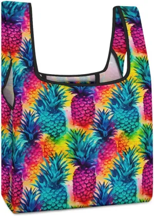 Tie Dye Pineapples Novelty Reusable Grocery Bag Fold-able Shopping Bags Washable Tote Lightweight Storage Pouch with Handle