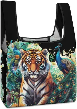 Tiger And Peacock Novelty Reusable Grocery Bag Fold-able Shopping Bags Washable Tote Lightweight Storage Pouch with Handle