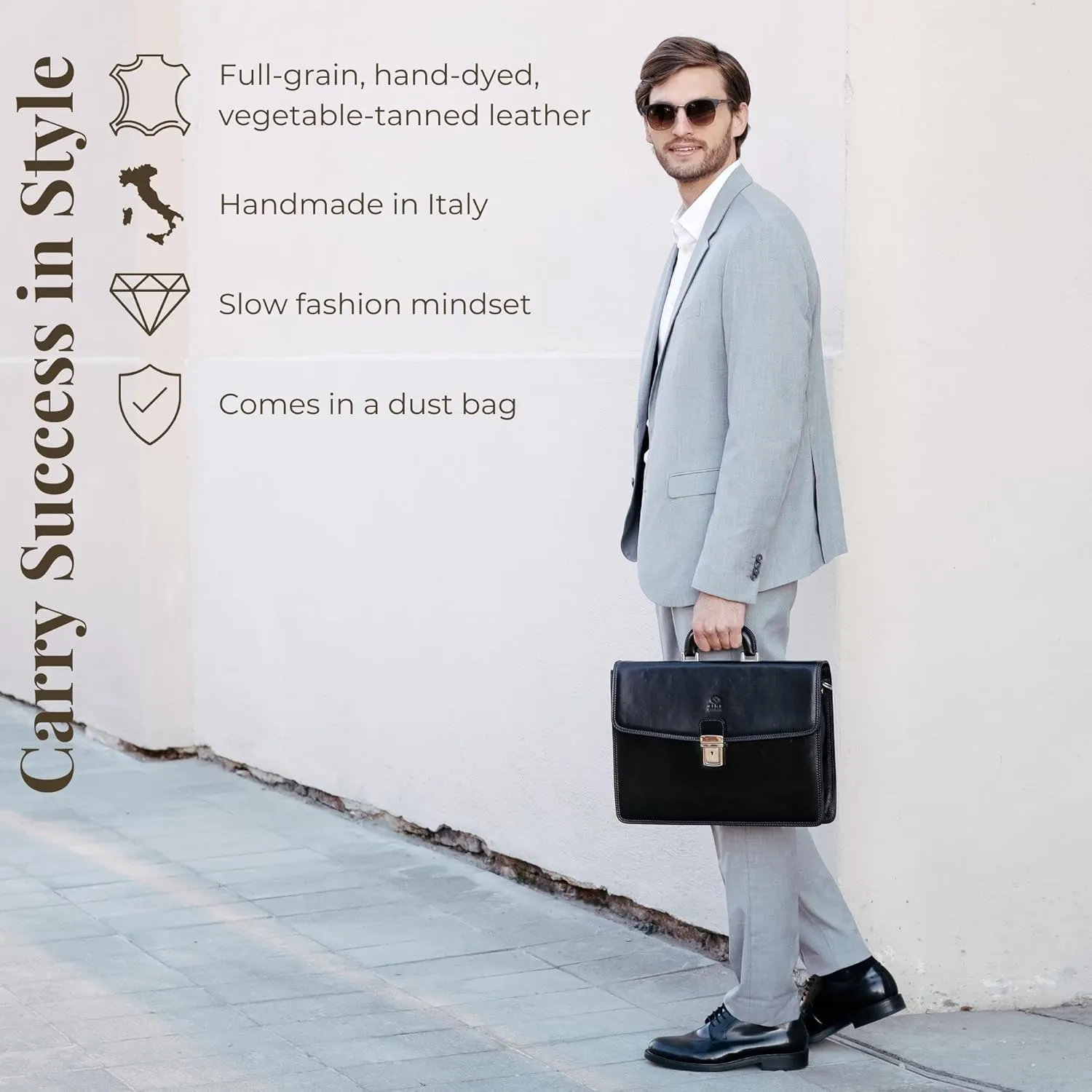 Time Resistance Leather Briefcase - Italian Handmade Leather Laptop Bag - Handbag for Men - Professional Computer Case