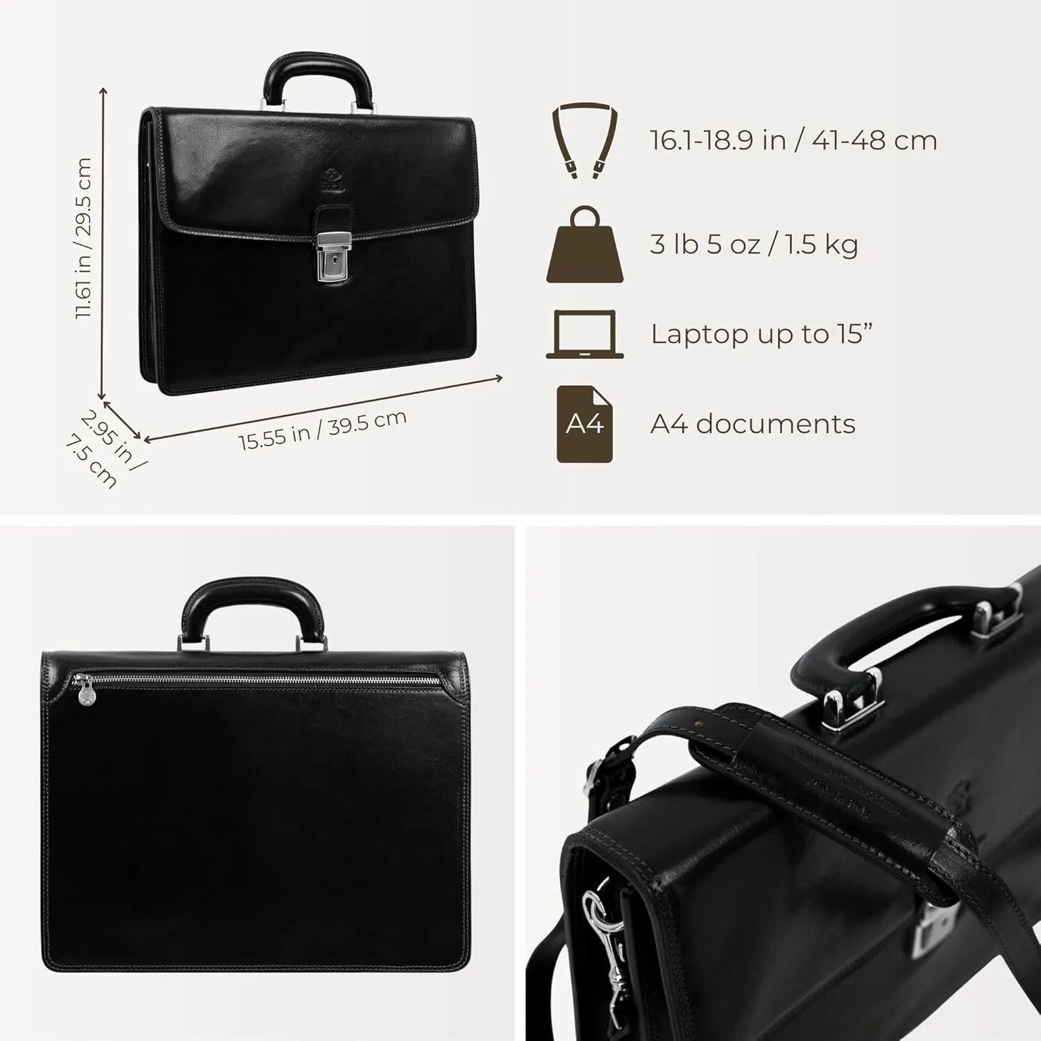 Time Resistance Leather Briefcase - Italian Handmade Leather Laptop Bag - Handbag for Men - Professional Computer Case