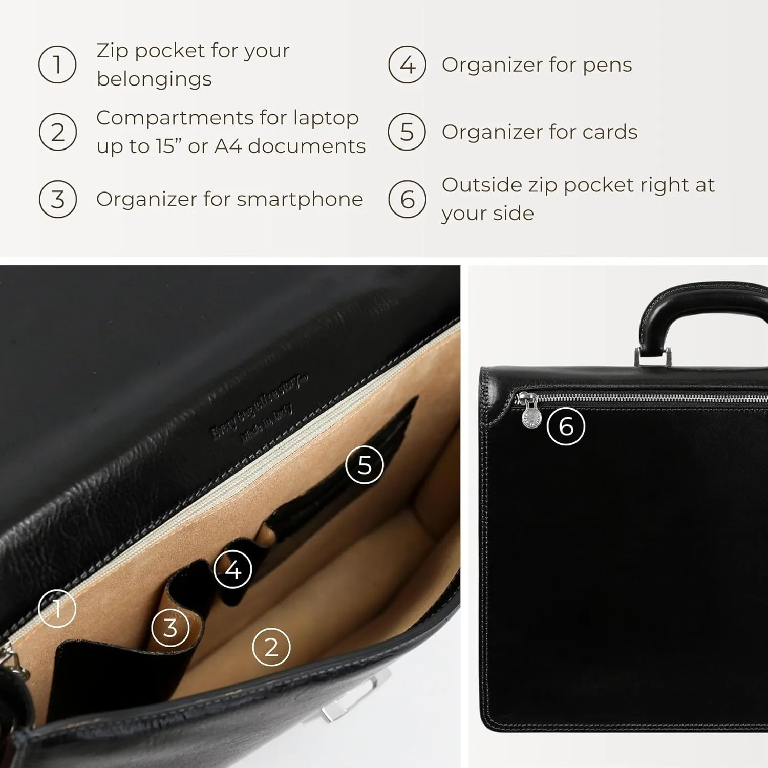 Time Resistance Leather Briefcase - Italian Handmade Leather Laptop Bag - Handbag for Men - Professional Computer Case