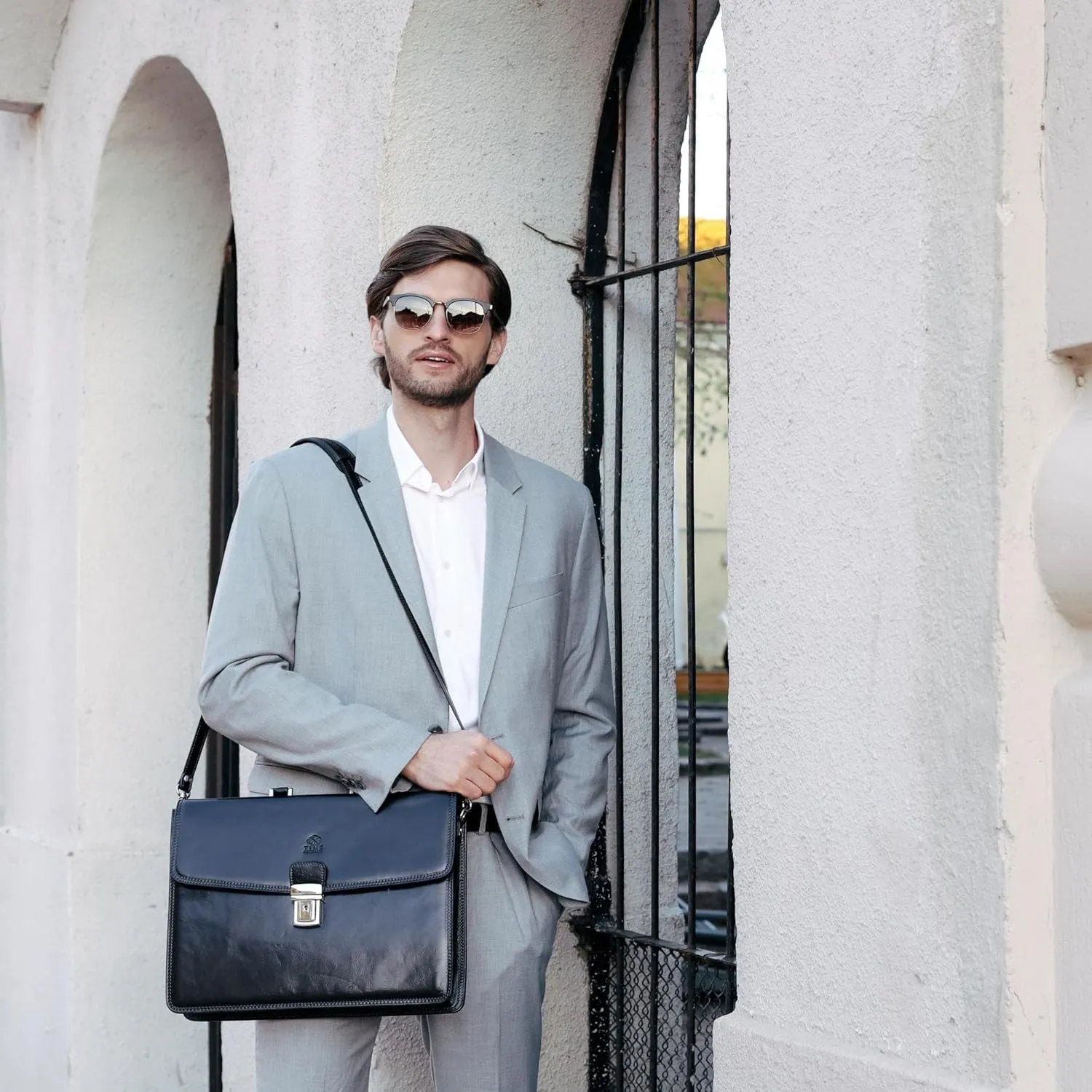 Time Resistance Leather Briefcase - Italian Handmade Leather Laptop Bag - Handbag for Men - Professional Computer Case